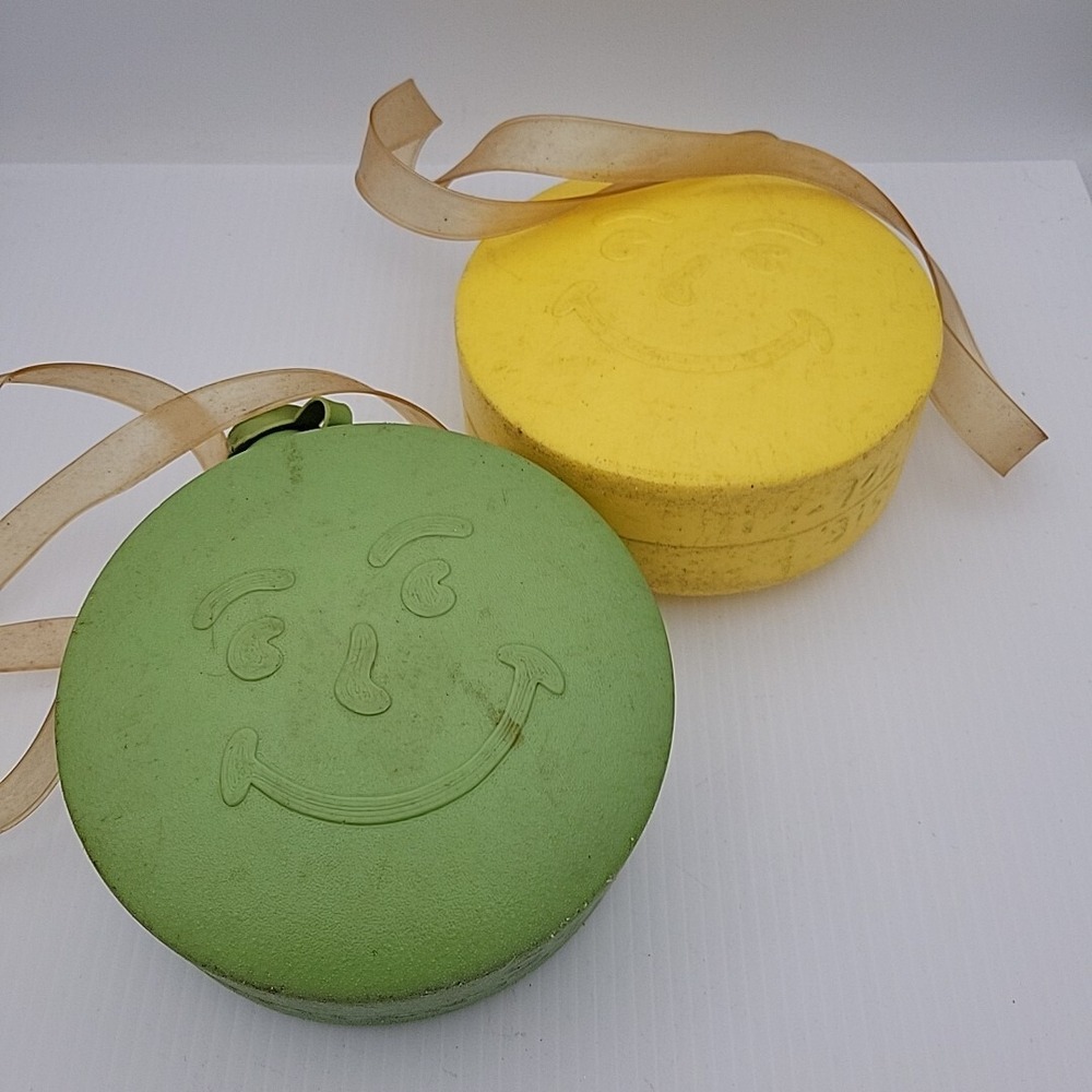 Vintage Kool-Aid Canteens Yellow & Green Lot Of 2 Smiley Face Plastic Bottle